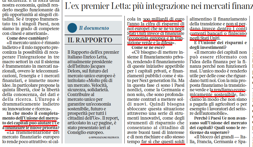 Confessioni importanti: 1) La libera circolazione dei capitali adesso non gli piace più (i risparmi se ne vanno negli USA!); 2) la transizione non è economicamente sostenibile; 3) per renderla sostenibile servono i vostri risparmi. Noi lo sapevamo già ma grazie per le conferme.