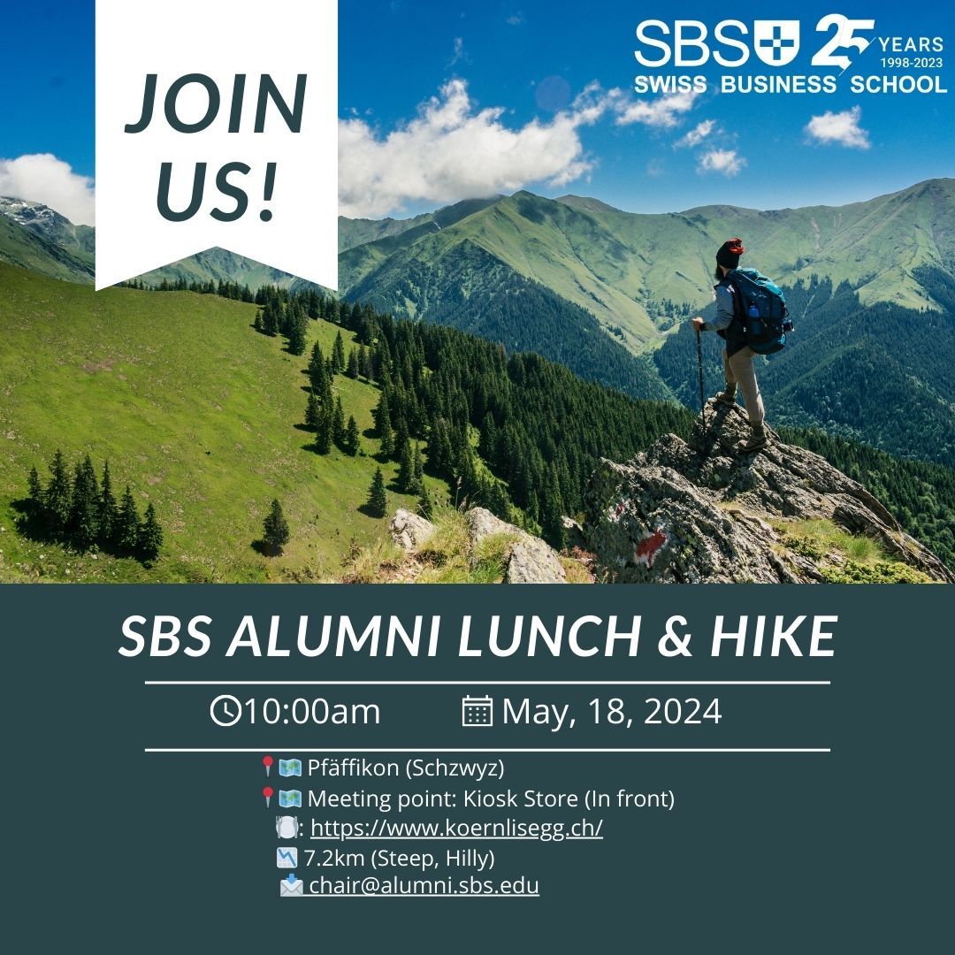 Your SBS alumni board is excited to present another engaging activity aimed at fostering connections among alumni in a healthy manner. 

#HikeTogether #OutdoorNetworking #AlumniAdventure #AlumniConnection #SBSSwissBusinessSchool