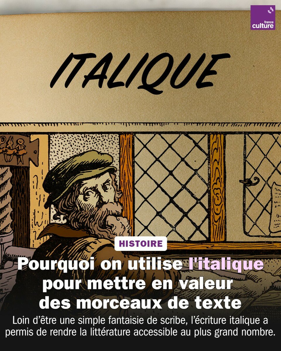 Inventée à la Renaissance par le typographe Francesco Griffo, l'italique devait remplir une fonction : réduire la taille des livres afin d’en faciliter l’accès aux étudiants.
➡️ l.franceculture.fr/EQy