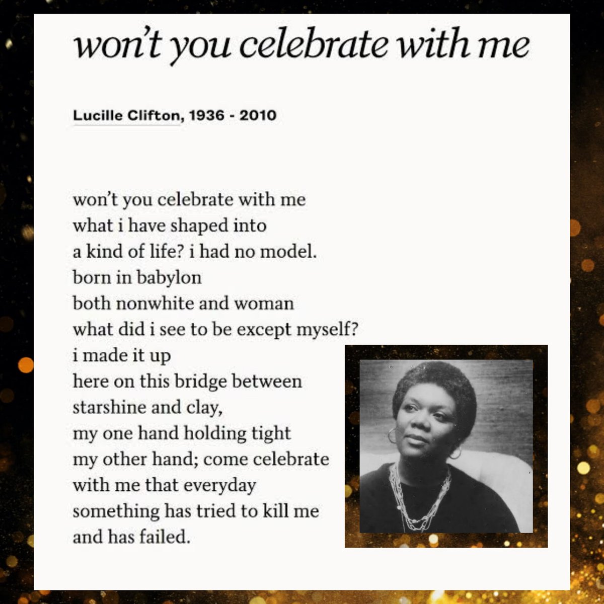 DeepRootsBooks's tweet photo. This poem never fails to stop me in my tracks.
#WriteforYourLife #Write #Writing #Writers #Poetry #Poet #Poets #Poem #Poems #LucilleClifton https://t.co/y5krRTYEiF
