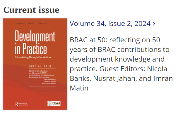 DipDsaa's tweet image. Just out now: The latest issue of DiP is a special issue on #BRAC and its 50 years of work (eds @NicolabanksNM, Nusrat Jahan and @imran_matin). Read the introduction to the issue here: doi.org/10.1080/096145…
@BIGD_bracu 
@BRACworld 
@BRAC