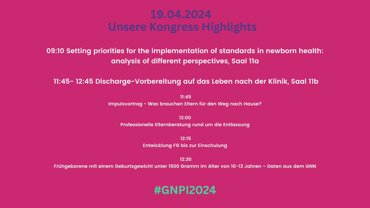 Endspurt auf der #GNPI! Unsere Highlights heute: 💡Abstract-Vortrag unserer Kollegin Dr. Isabel Geiger (@ESCNHstandards) zum Thema 'Standards in newborn health', Saal 11a 🗨Session zum Thema 'Discharge', Saal 11b: Vorsitz mit dem Bundesverband @fruehgeborene #Kongress #GNPI2024