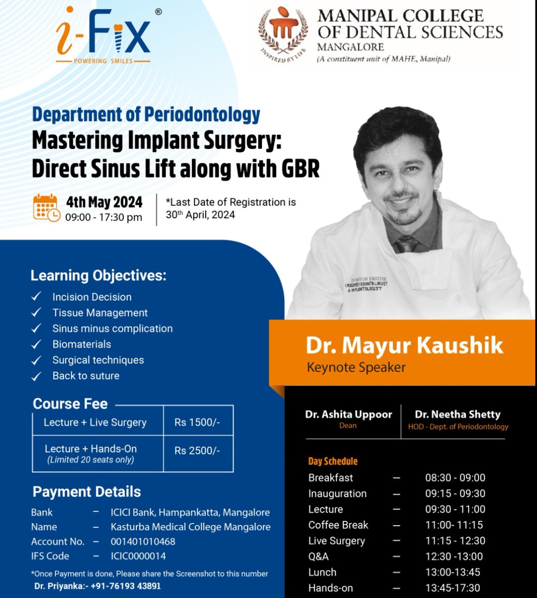 The Department of Periodontology is proud to host  Mastering Implant Surgery: Direct Sinus Lift along with GBR 
#mahemanipal #mcodsmlr #mahe_manipal #mcodsmangalore