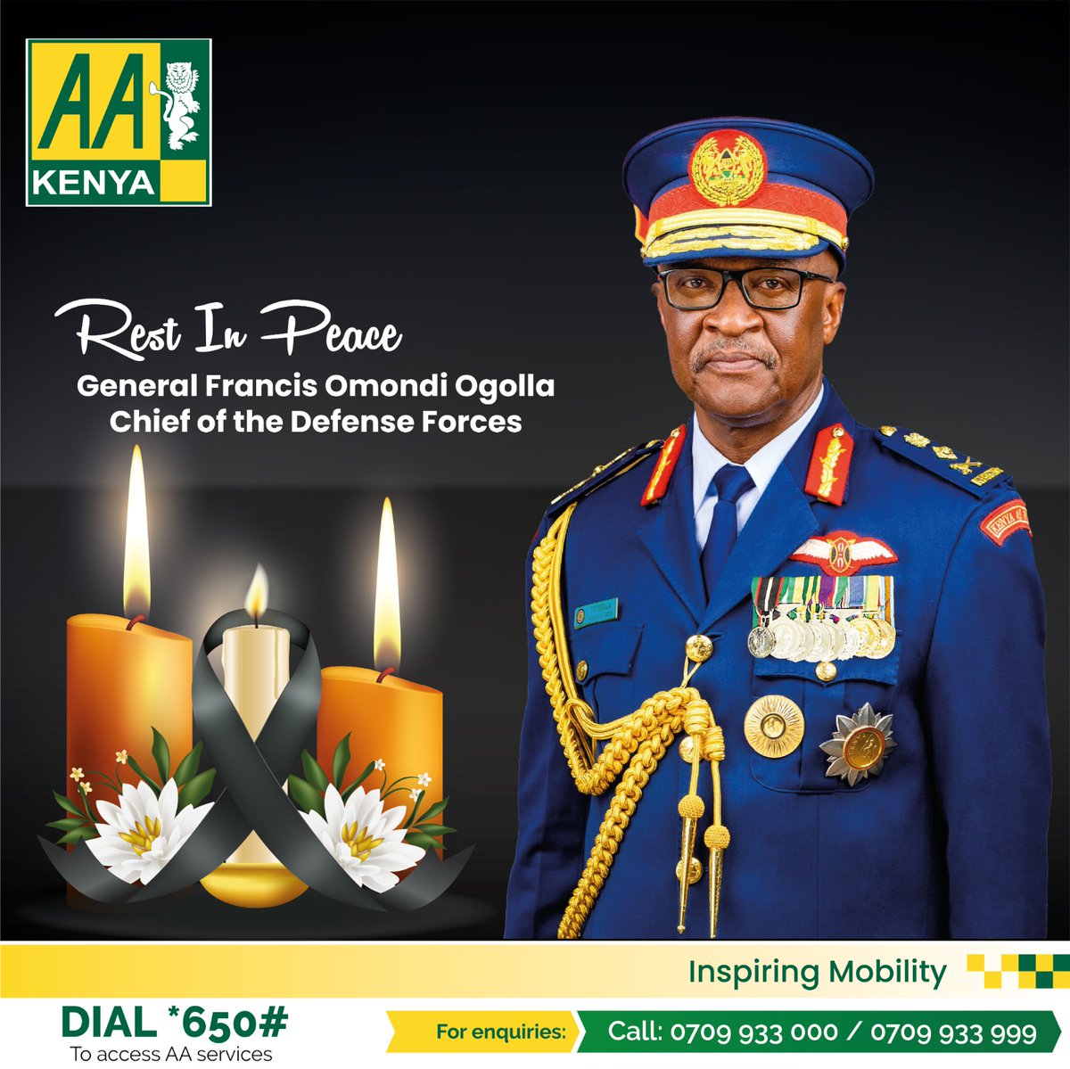 AA Kenya extends its deepest condolences for the loss of General Francis Omondi Ogolla, and his team which included 9 KDF personnel. Our thoughts are with their families, friends, and the entire military community during this difficult time. Rest in peace. #AAKenyacares