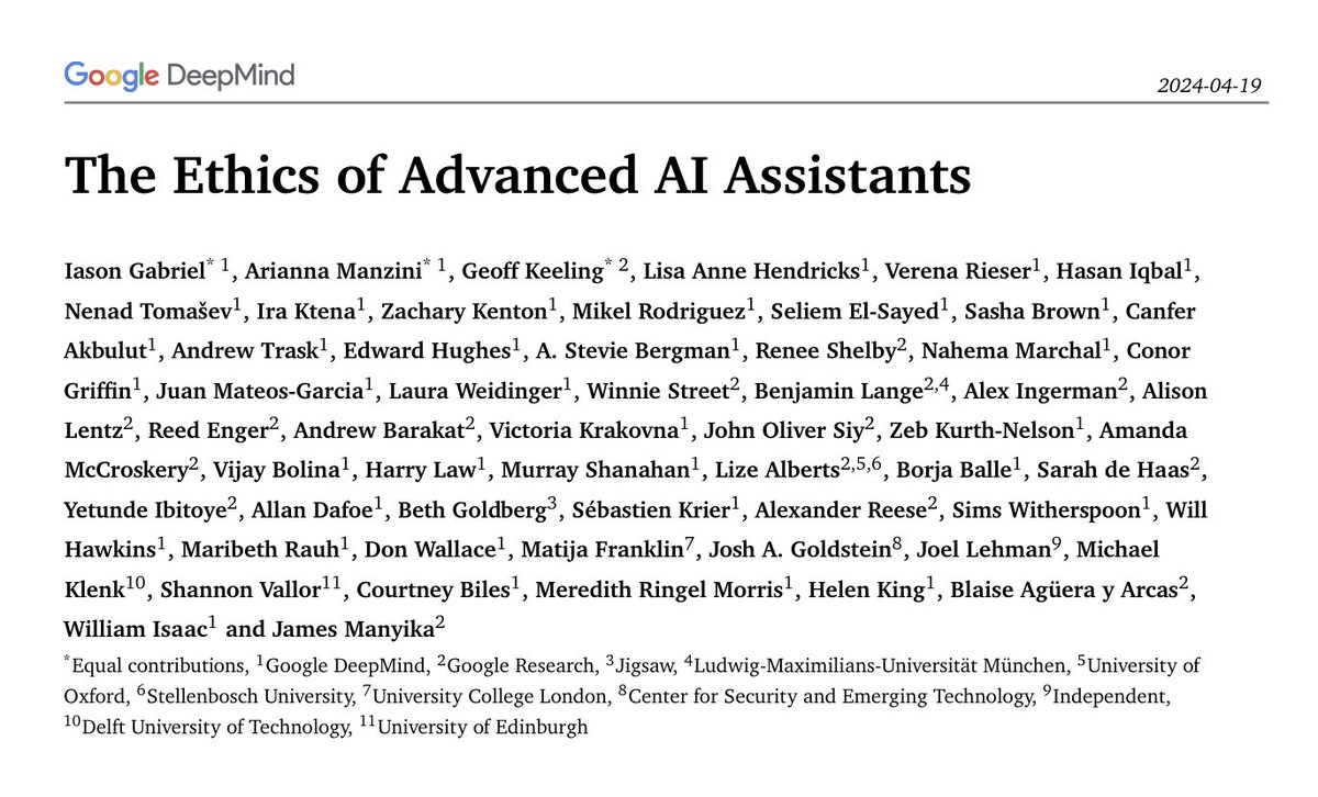 IasonGabriel's tweet image. 1. What are the ethical and societal implications of advanced AI assistants? What might change in a world with more agentic AI?
Our new paper explores these questions:
storage.googleapis.com/deepmind-media…
It’s the result of a one year research collaboration involving 50+ researchers… a🧵