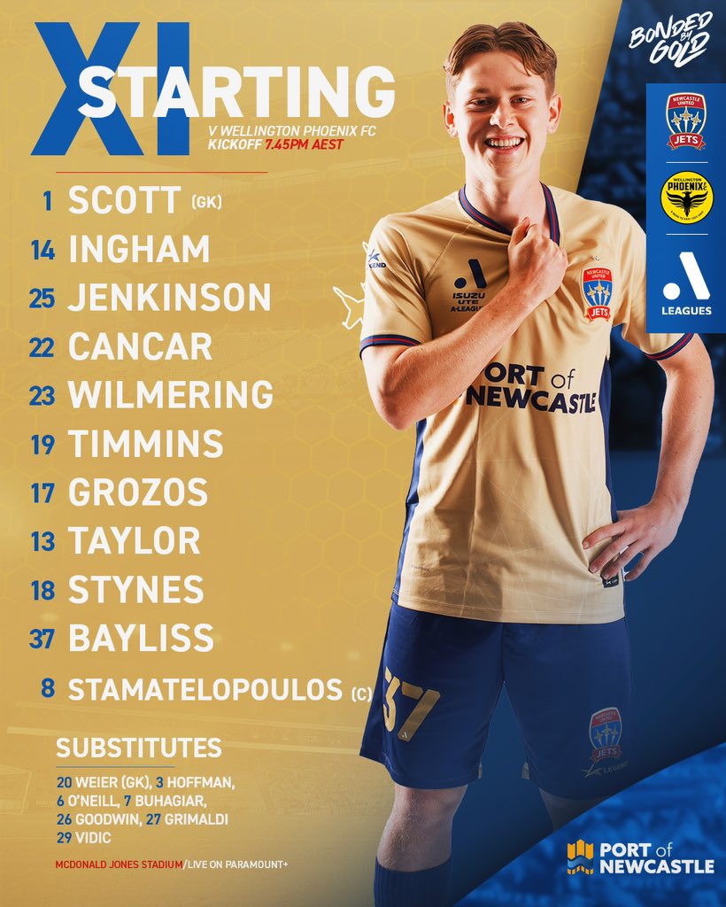 𝑻𝒆𝒂𝒎 𝒏𝒆𝒘𝒔! Lachlan Bayliss starts tonight for Reno Piscopo who is out with a minor knock. Justin Vidic returns to the substitutes bench.   #BondedByGold