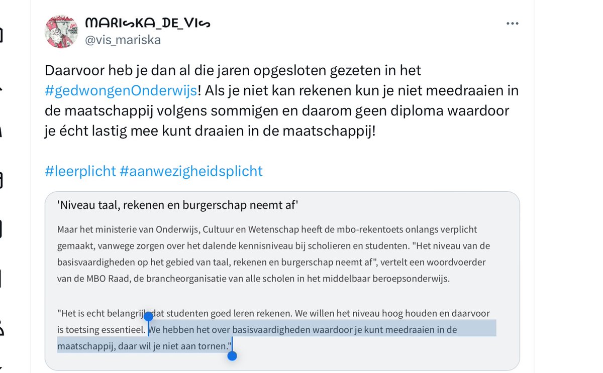 vis_mariska's tweet photo. Keihard werken aan beter onderwijs?
Hoeveel mbo leerlingen gaan hierdoor hun mbo diploma niet eens meer halen vanwege de #gedwongenRekentoets?
Tot zover de experimentele #aanwezigheidsplichtwet, #leerplichtwet.
#rekentoets #leerplicht
Oja, #lerarentekort…
https://t.co/tCJOAQn0Ep https://t.co/FssBjbAEI4