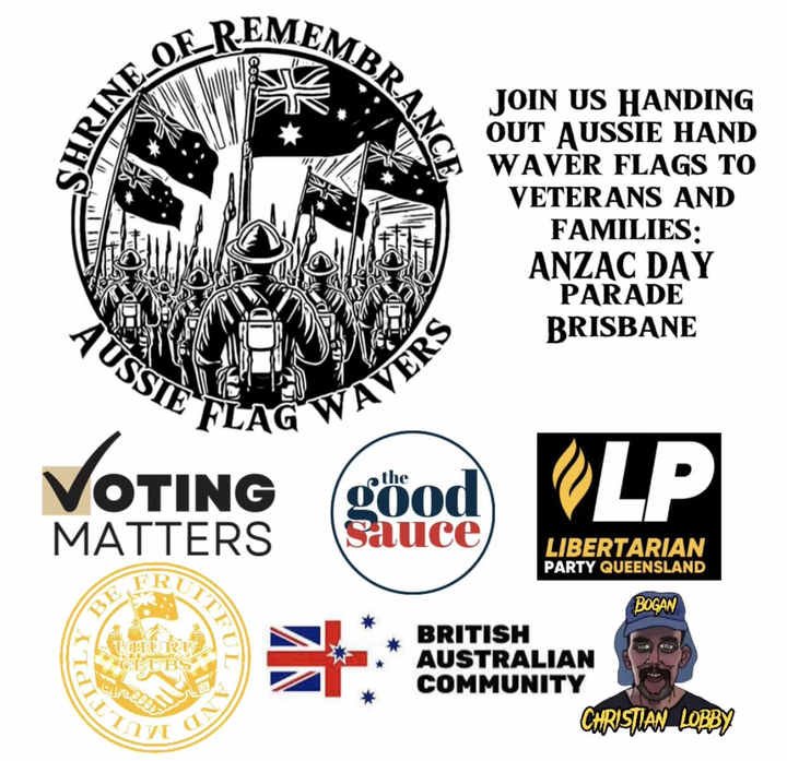 Join the Libertarian Party Brisbane Branch at the Anzac Day Parade 25th April. We have 500 hand-waver Aussie flags to hand out. Meet: 9:30, Shrine of Remembrance, 285 Ann St, Brisbane CBD
Honour our service men and women. #AnzacMonth #LestWeForget
