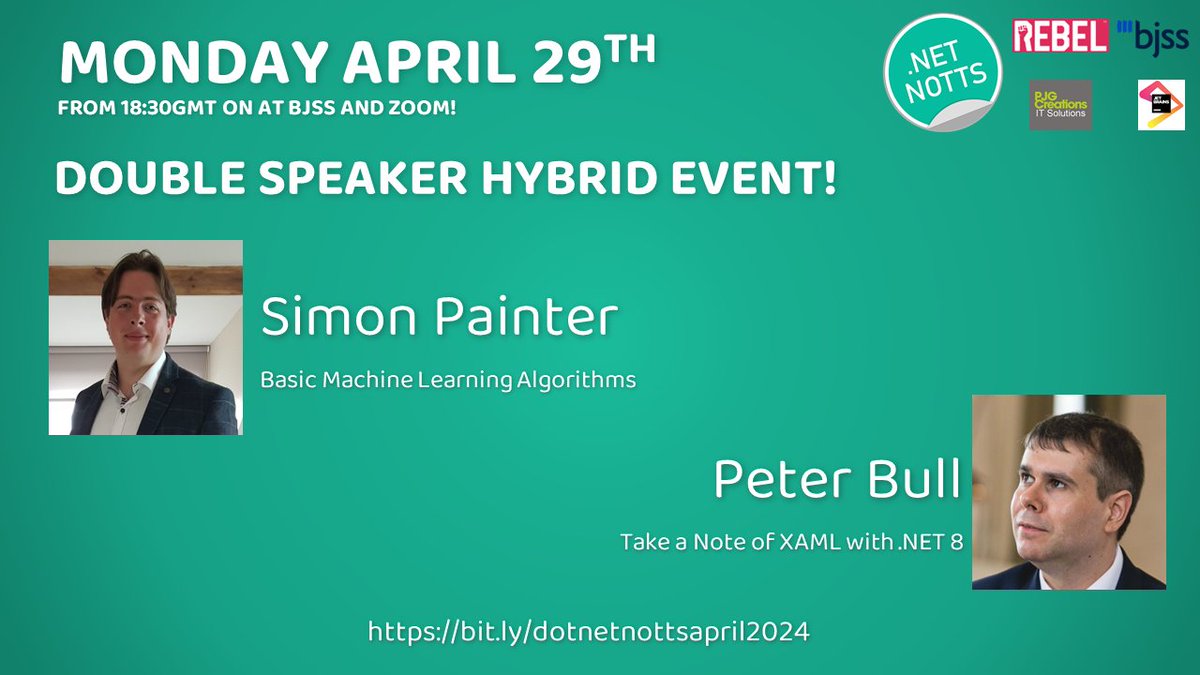 Join us Mon 29th April with 2 speakers! <a href="/madSimonJ/">Simon Painter</a> with "Basic ML Algorithms" &amp; <a href="/RoguePlanetoid/">Peter Bull #mvpbuzz</a> with "Take Note of XAML with <a href="/dotnet/">.NET</a> 8"!

🌎bit.ly/dotnetnottsapr…
⏰Mon 29th April @ 18:30
📌BJSS, King Street, Notts.

<a href="/RebelRecruiters/">Rebel Recruiters</a> @BJSSLtd <a href="/jetbrains/">JetBrains</a> <a href="/PJGCreations/">PJG Creations Ltd</a>