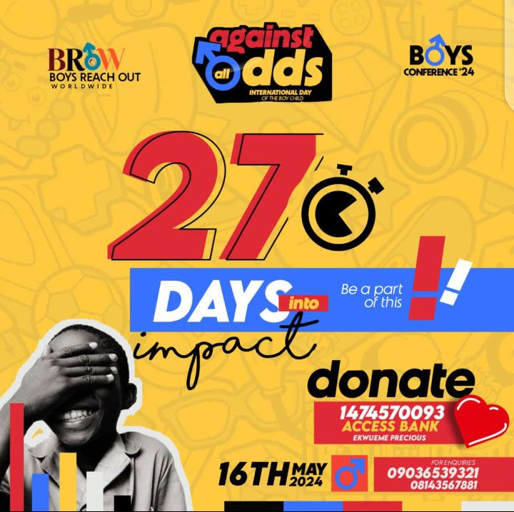 Less than one month to deadline
Kindly send in your donations to help this cause🙏
#BROW
#BoyChild
#AgainstAllOdds