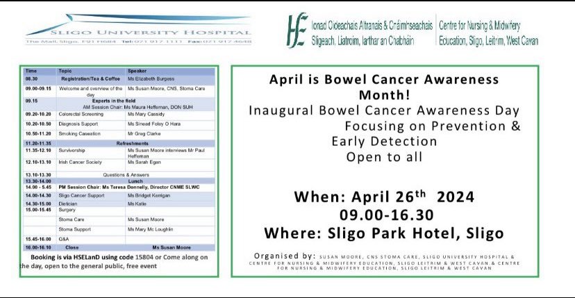 All healthcare professionals & members of public encouraged & invited to attend next weeks #bowelcancerawareness day here in the Northwest. Raising awareness, detection & screening. An amazing line up of speakers. @NSShse @IrishCancerSoc @NMPDUNorthWest @saoltagroup