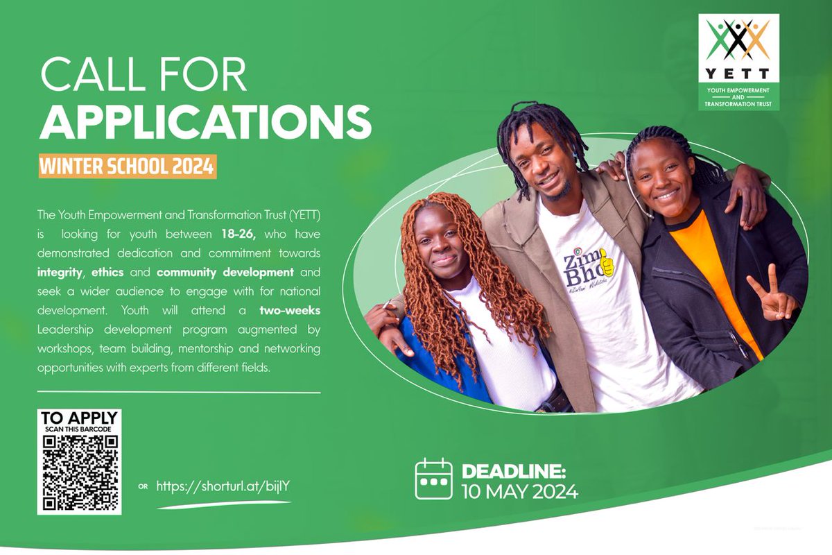Are you ready to take your leadership skills to the next level?  
The Youth Empowerment and Transformation Trust (YETT) is happy to announce the call for participants for the 2024 Annual Leadership Development Course (WinterSchool). Access full info: dropbox.com/scl/fi/obtkxxe…
