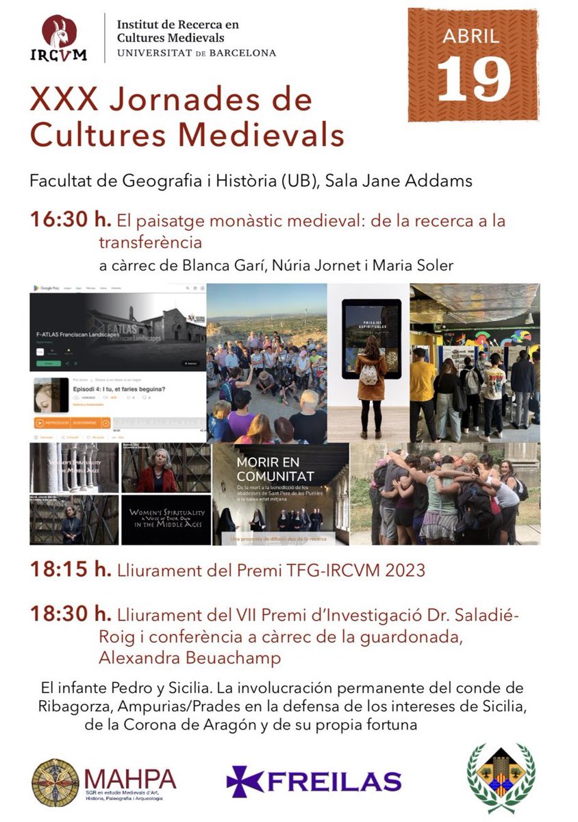 IRCVM (@ircvm) on Twitter photo Avui celebrarem les 30es Jornades de Cultures Medievals 🤩. Gaudirem d’una presentació de <a href="/ProyectoFreilas/">FREILAS</a> entregarem els premis TFG a Mariona Julbe i Saladié a Alexandra Beauchamp.
Si a les 16:30 no podeu venir a <a href="/GH_UB/">Facultat de Geografia i Història UB</a>, hem habilitat un enllaç de Zoom: ub-edu.zoom.us/j/93830576694 Avui celebrarem les 30es Jornades de Cultures Medievals 🤩. Gaudirem d’una presentació de <a href="/ProyectoFreilas/">FREILAS</a> entregarem els premis TFG a Mariona Julbe i Saladié a Alexandra Beauchamp.
Si a les 16:30 no podeu venir a <a href="/GH_UB/">Facultat de Geografia i Història UB</a>, hem habilitat un enllaç de Zoom: ub-edu.zoom.us/j/93830576694