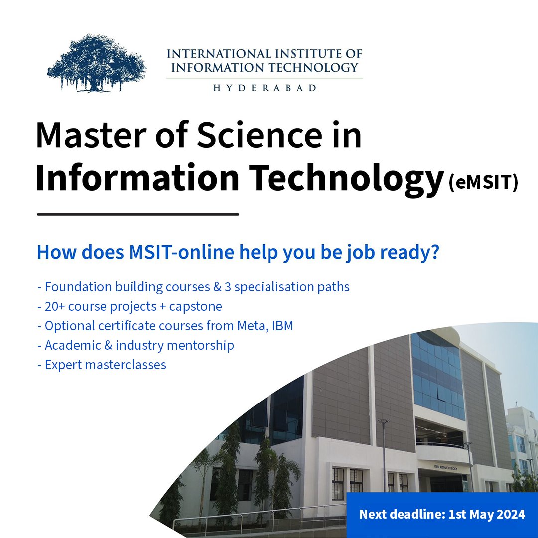 Launch your technology career with IIIT Hyderabad’s new online Master of Science in #InformationTechnology degree. Learn with a ‘learning by doing’ model, gain industry relevant skills & secure your future! Apply now! go.dkandu.me/J16bdh #technology #IT #Coursera