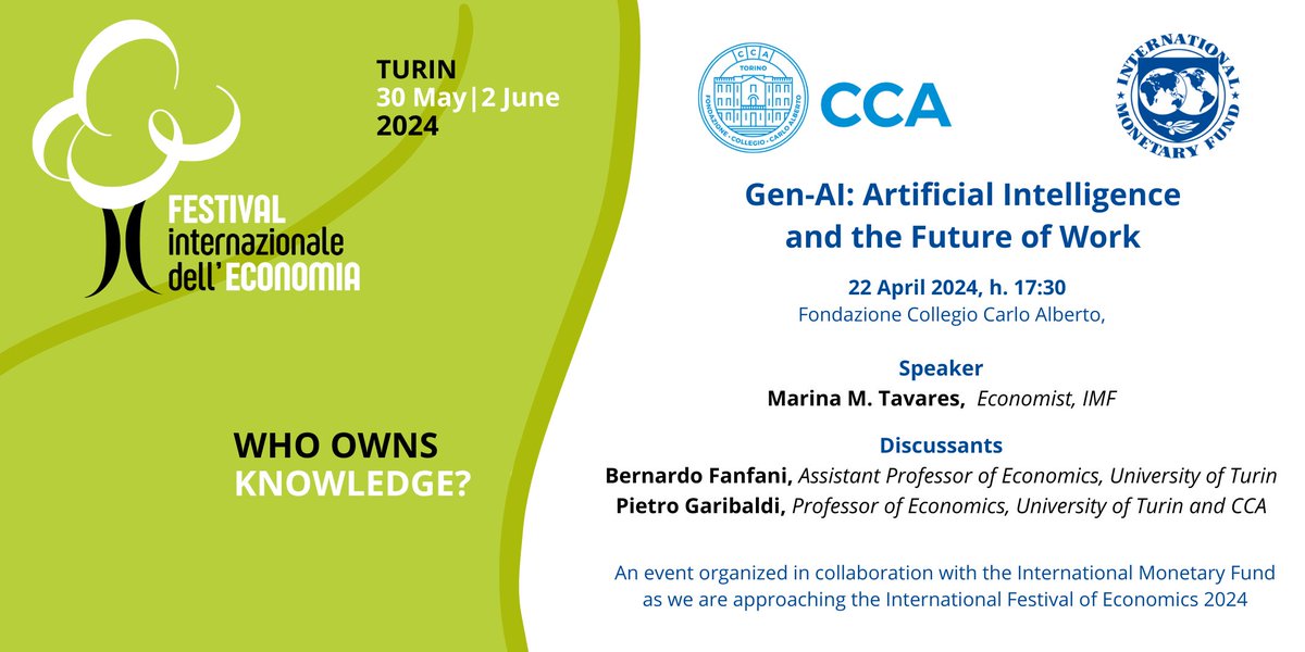 On April 22, 2024, 5:30 pm CEST, we present the #IMF Policy Report “Gen-#AI: Artificial Intelligence and the Future of Work”. An event organized by CCA and IMF, as we are approaching the International Festival of Economics 2024. Register now: bit.ly/4cRpLfz