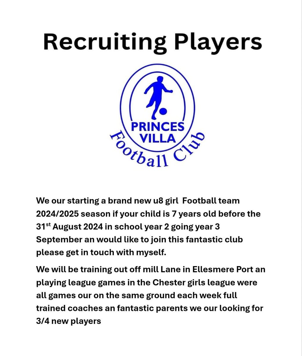 We are looking to create a girls team please contact me for more information <a href="/school_ws/">WIlliamStockton</a> <a href="/ParklandsCP/">Parklands Community Primary & Nursery School</a> <a href="/rossmore_school/">Rossmore School</a> <a href="/OurLadyStar/">Our Lady Star</a> <a href="/TheAcornsSchool/">The Acorns School</a>