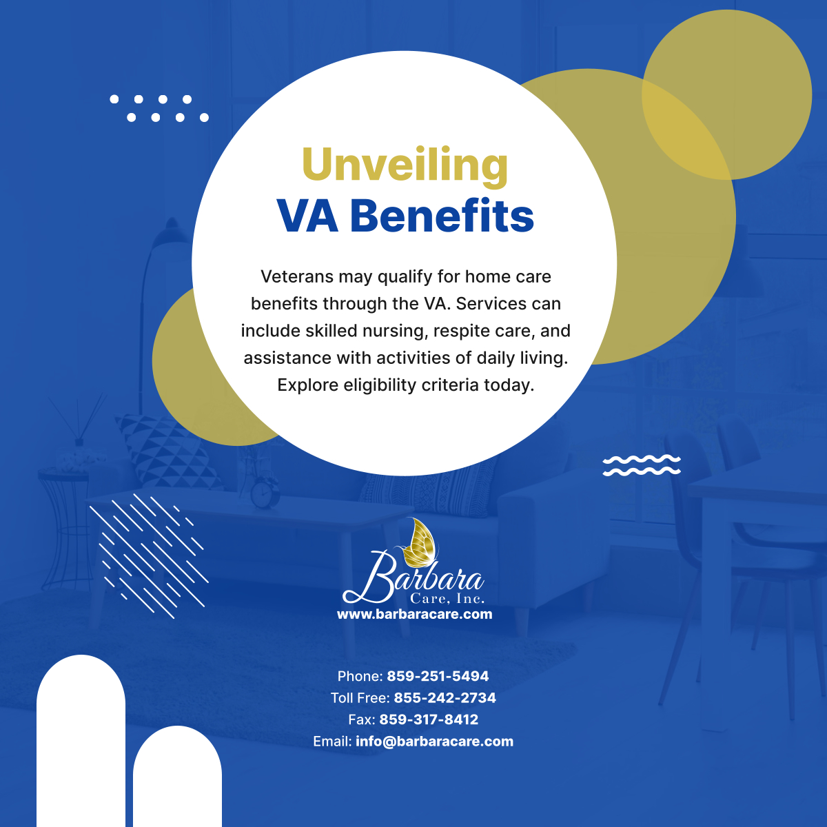 Did you know? Veterans may be eligible for home care benefits through the VA. Discover the support available and how to access these valuable services. Contact us at 859-251-5494 for more information. 

#VABenefits #VeteransCare #BarbaraCareInc #LexingtonKY #HomeCare