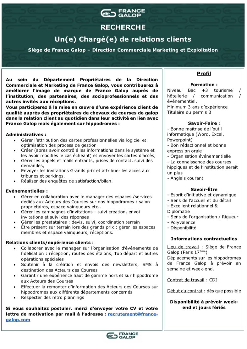Marie Rohaut (@marie_rohaut) on Twitter photo ANNONCE, <a href="/francegalop/">France Galop</a> RECRUTE !
Vous êtes motivé, vous aimez le service client, vous êtes curieux de (mieux) connaître le monde des courses de chevaux ?
N’attendez plus !
Nous cherchons deux additions à notre équipe de jeunes prêts à changer les courses !
Contactez nous ! ANNONCE, <a href="/francegalop/">France Galop</a> RECRUTE !
Vous êtes motivé, vous aimez le service client, vous êtes curieux de (mieux) connaître le monde des courses de chevaux ?
N’attendez plus !
Nous cherchons deux additions à notre équipe de jeunes prêts à changer les courses !
Contactez nous !