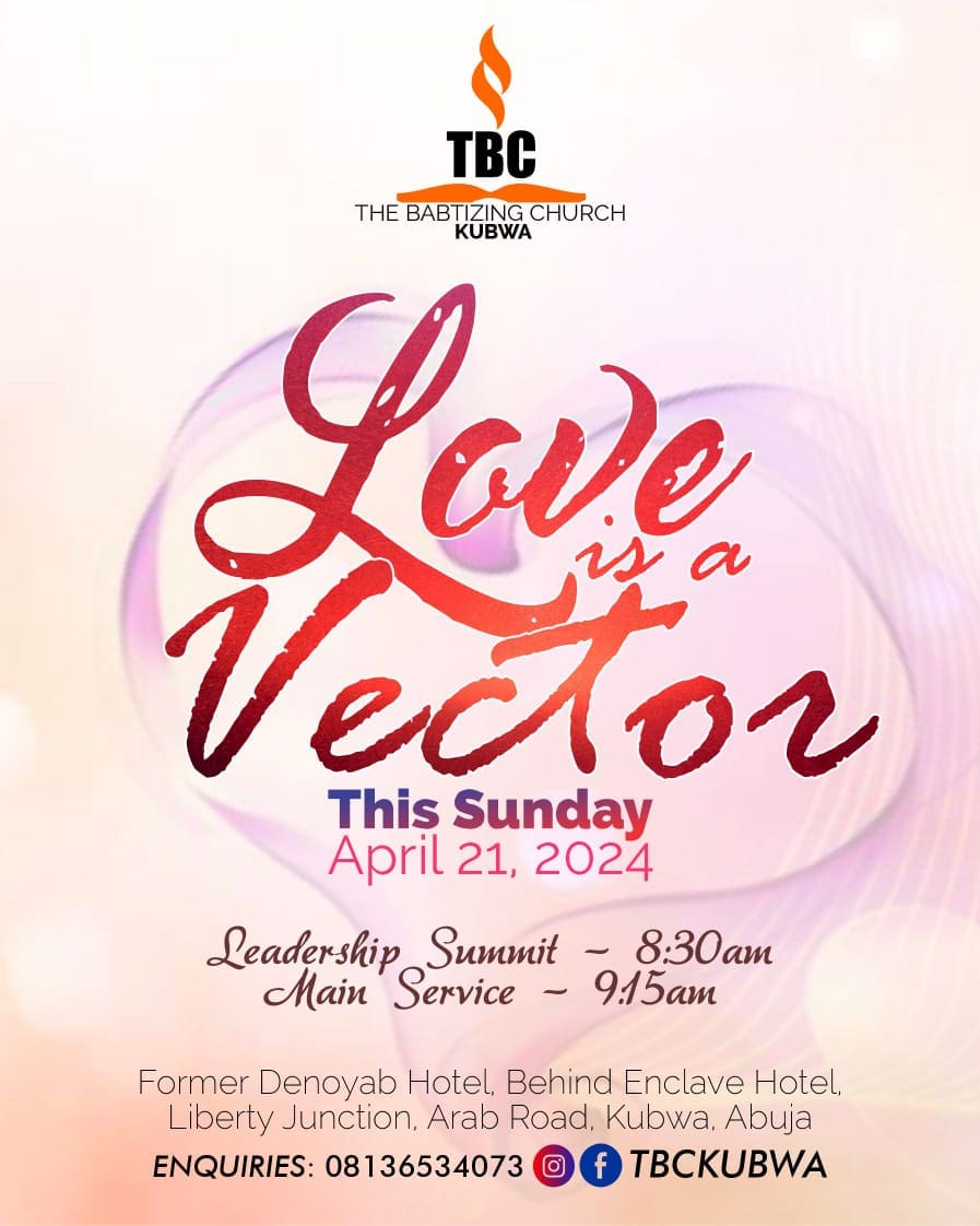 Still dwelling on the love series with Pastor Lawrence Okenyi.
We have room for you; Don't sit at home this Sunday. Come and be blessed!!

#love
#loveofgod
#agape
#divinelove
#thegreatest
#truelove
#reallove
#church
#thegreatest
#thegreatestcommandment
#tbc
#kubwa
#fct