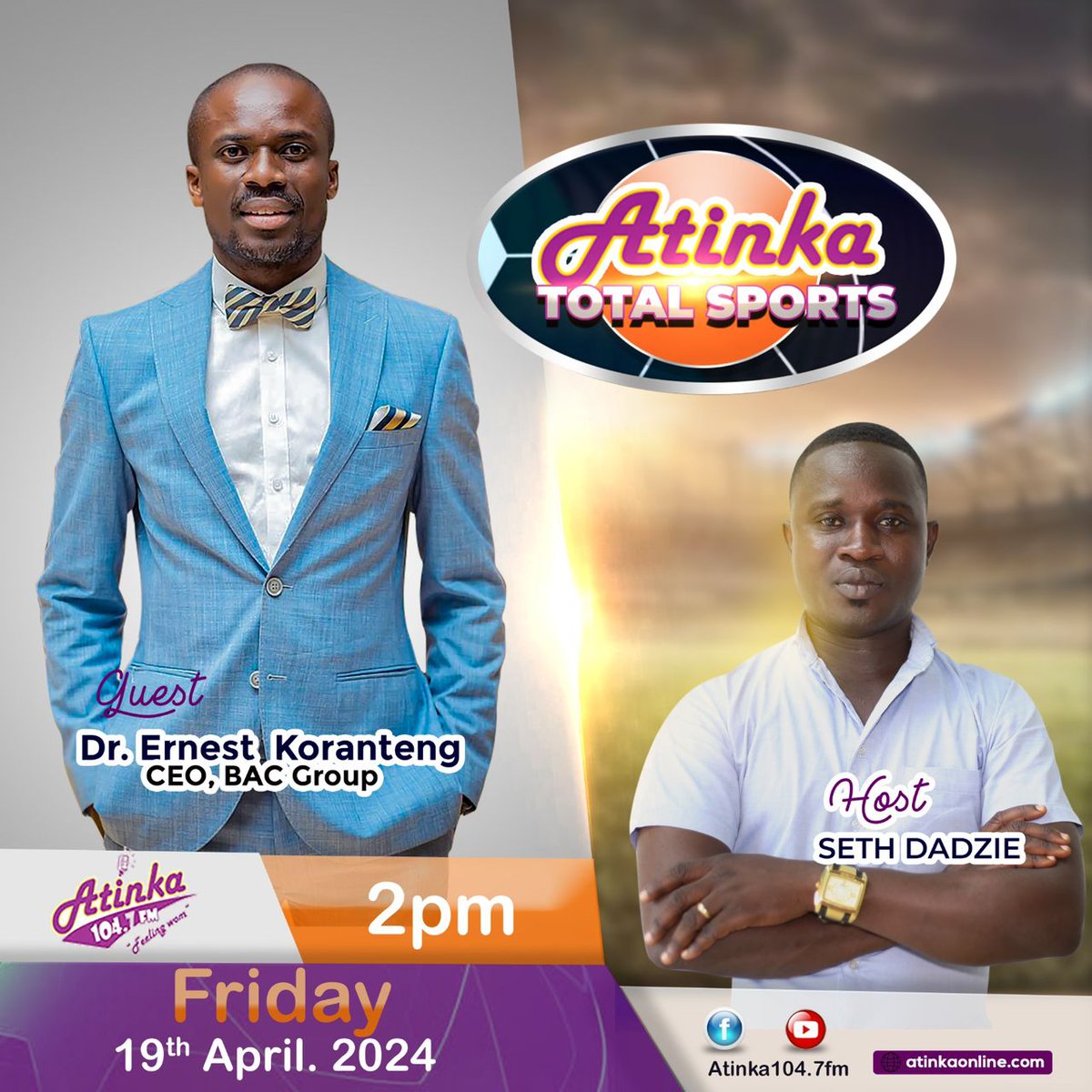 thebacgroup's tweet photo. The Chief Executive of the Business Africa Consulting Group (BAC Group), Dr. Ernest Koranteng, will be live on Atinka FM and TV today.
Don't miss out!
#AllStarFestival2024 #Atinka https://t.co/RxR0uDJ4x9