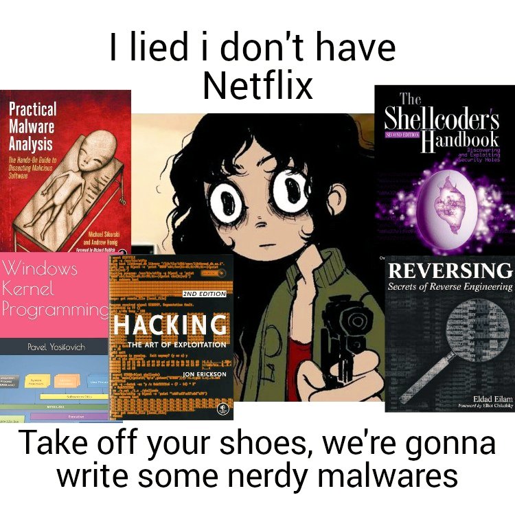 5mukx's tweet image. Malware nerds be like: 

#meme #maldev #redteam #cybersecurity #penteesting #infosec #pwn #malware #cs #code #coding #nerds