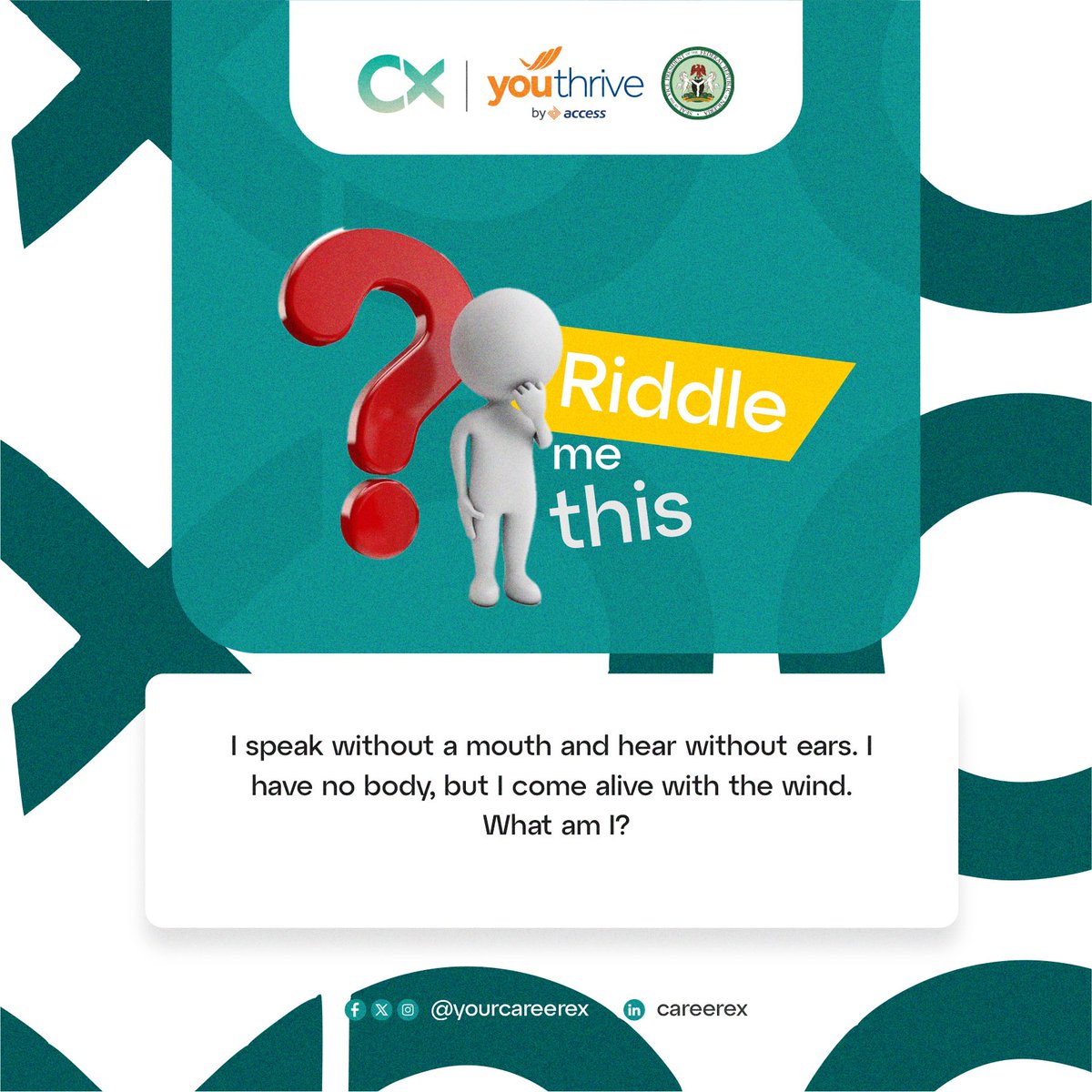 Can you get the answer right? Comment your guesses in the comment section as many as possible.

#RIDDLE #accessbank #youthrive #careerexinternship #elitepath #tech #yourcareerex #techblogger #coding #programmer #productmanager