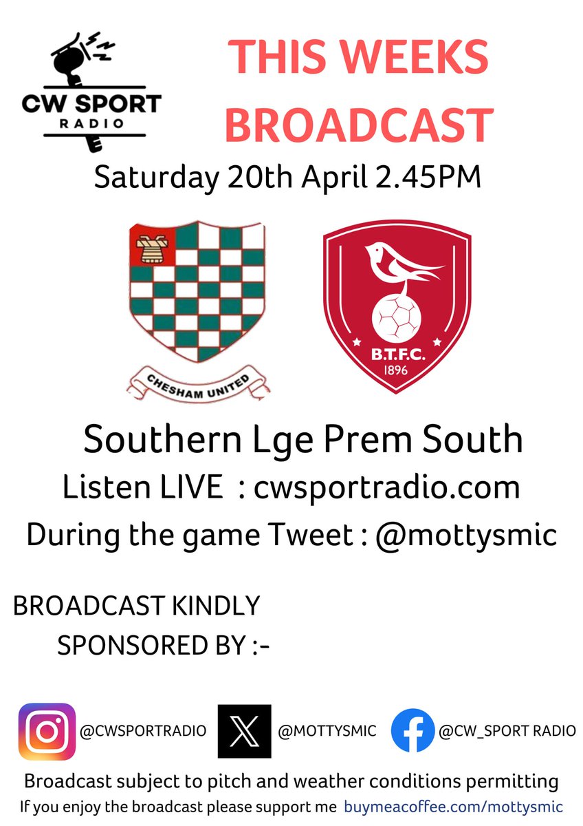 PLS RT This Sat it's @cheshamutdfc vs
@BracknellTownFC in @SouthernLeague1
Hope to see a big crowd for last home game but IYCMI you can listen in @BBC3CR @Ollie_Bayliss
@WycombeSound @ChilternVoice @RadioDacorum
@bucksfreepress @cheshamtown @AlexHorne
@Chess_Suite @cheshamutdlfc