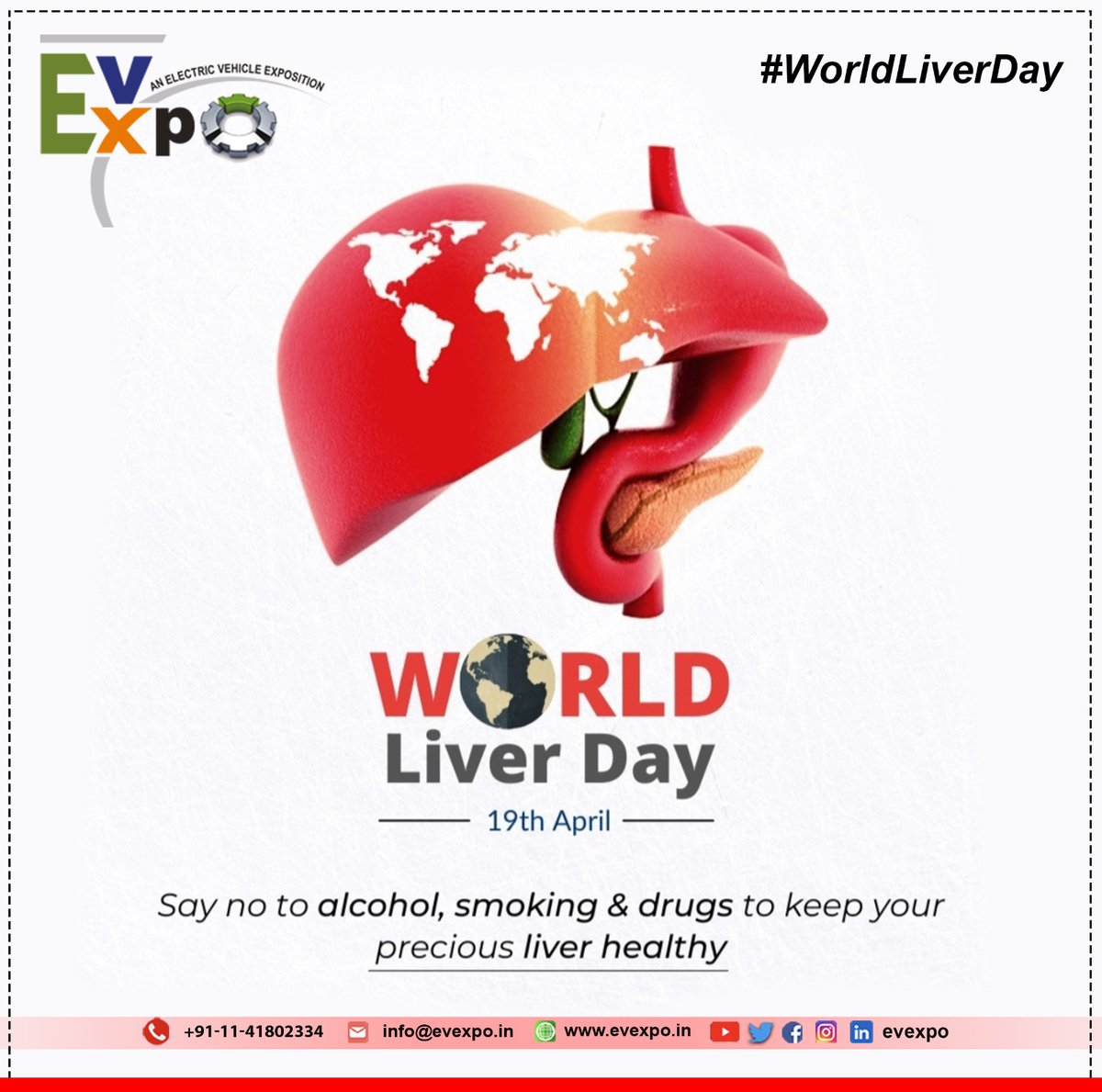 'Happy World Liver Day! 🌟 At EvExpo, we're not just about electric vehicles, but also promoting health and wellness. #worldliverday #healthyliving #evexpo #healthyeating #noalcohol #lifechanging #importanceofliver #electricvehiclesarethefuture #sustainablefuture