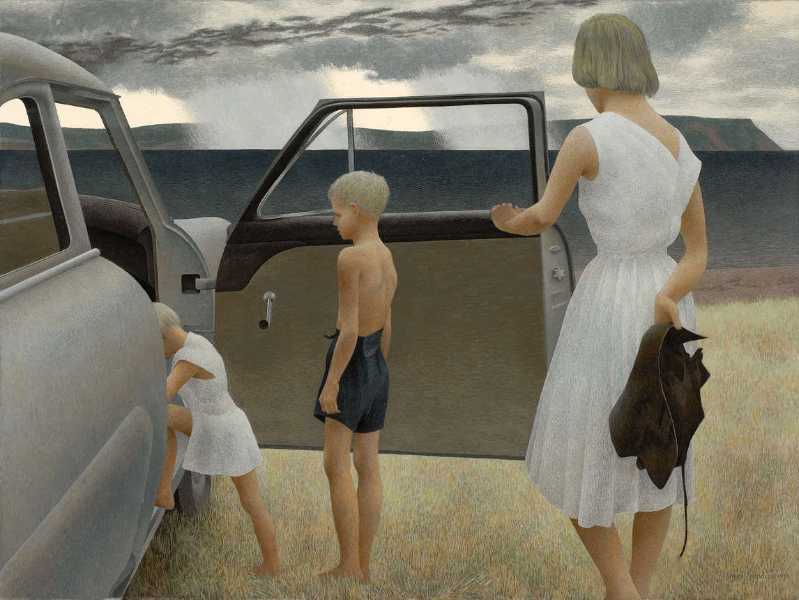 Painting by Alex Colville ‘Family and Rainstorm’ 1955. Glazed tempera on Masonite. Size 57.1 x 74.9 cm.