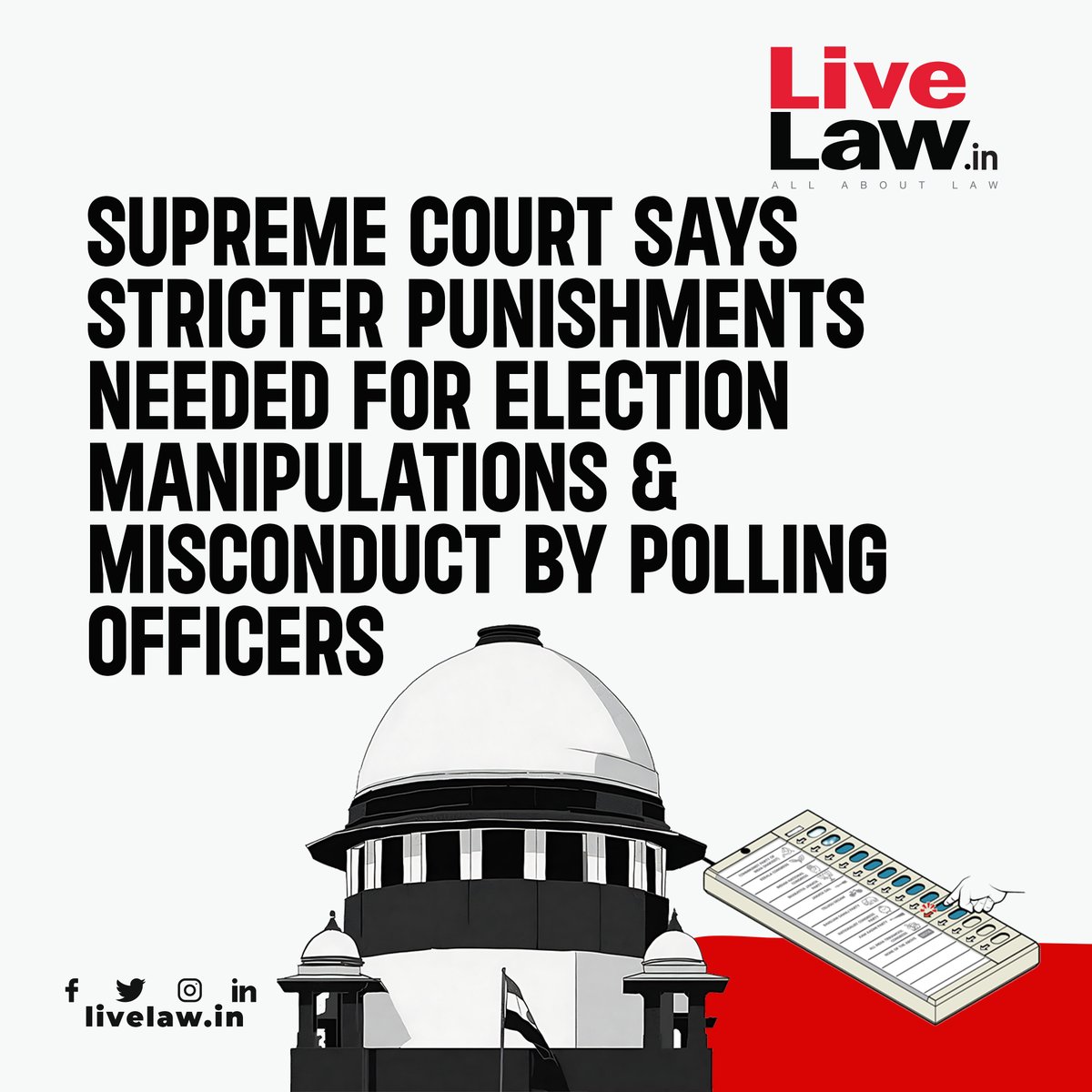 LiveLawIndia's tweet photo. While reserving verdict on a batch of petitions seeking 100% verification of Electronic Voting Machine (EVM) data with Voter-Verifiable Paper Audit trail (VVPAT), the Supreme Court on April 18 expressed its reservations about existing penal provisions to address manipulations with the electoral process.
Read more: https://t.co/dxkUSuvGrM
#SupremeCourt #EVMVVPAT #LokSabhaElections2024 #SupremeCourtOfIndia