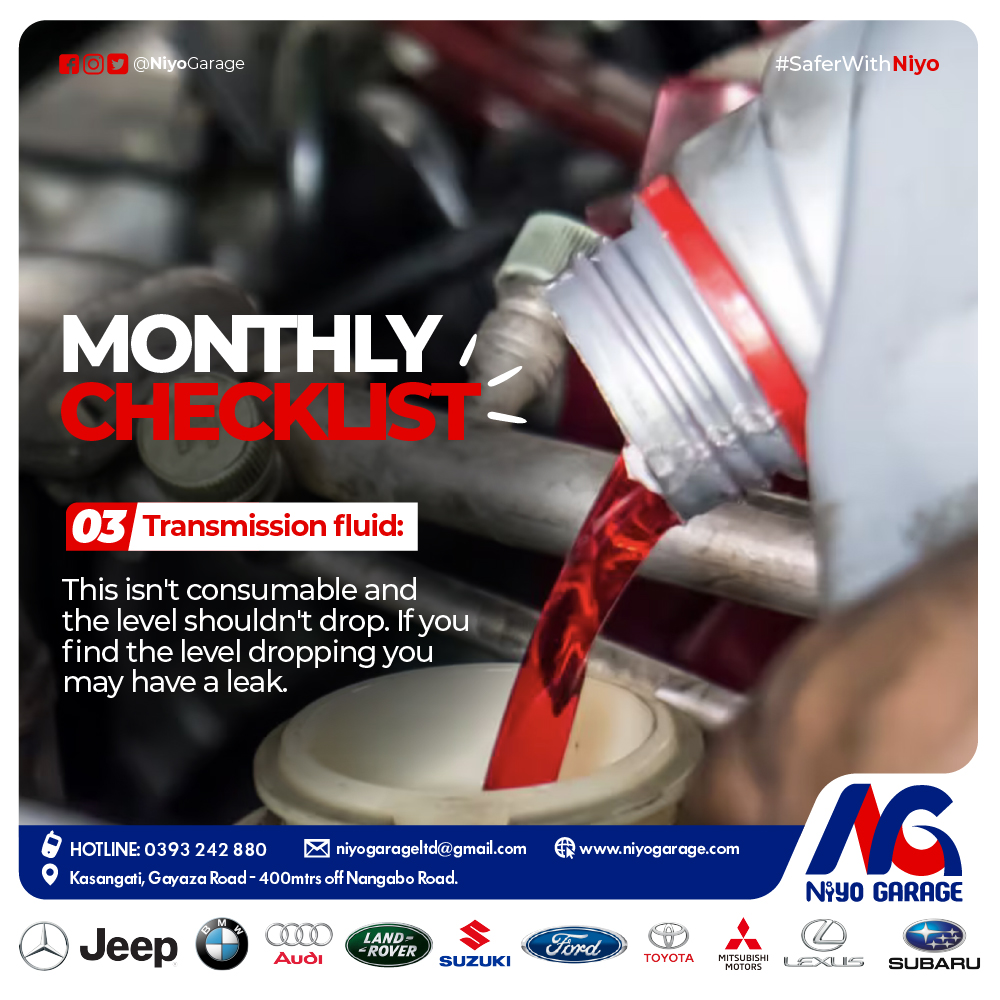 #monthlychecklist: #No3 Transmission Fluid: Usually this isn't consumable and the level shouldn't be seen to drop... however, if you find it dropping, you might have a leak.💁‍♂️ #FridayTips #niyogarage 

#EFRIS #Nkumba #FrancisOgolla #WinnieNwagi #najjera #Kenya #NIRA #BillGates.