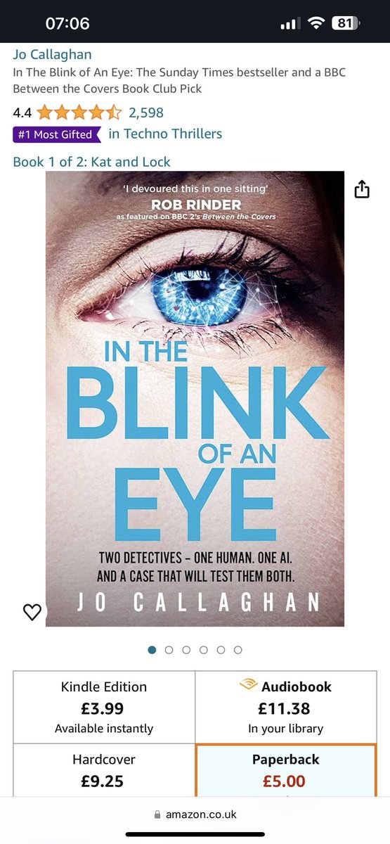 Well I have woken up to discover we don’t have any teabags, so it is lovely to see In the Blink of an Eye is the most gifted book in Techno Thrillers. I love the idea of my books being a gift, thank you, and I hope the recipient enjoys!