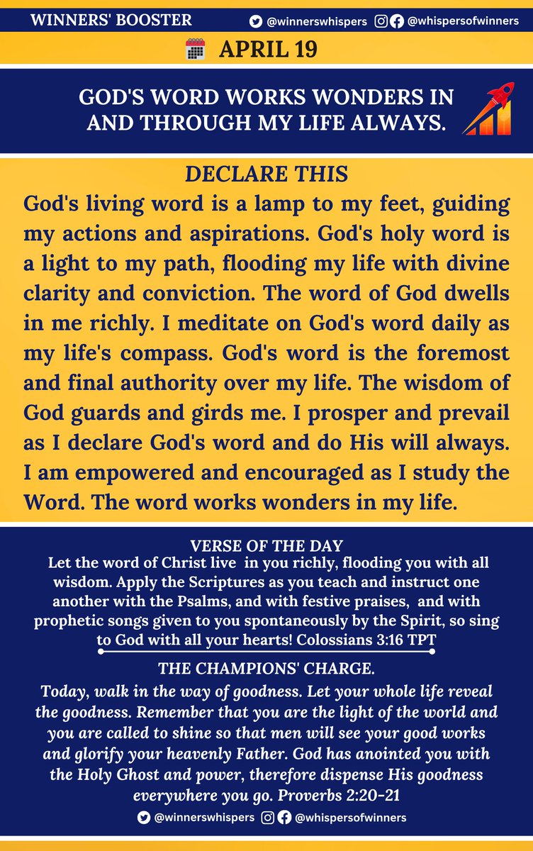 Declare this: God's living word is a lamp to my feet, guiding my actions and aspirations. God's holy word is a light to my path, flooding my life with divine clarity and conviction. The word of God dwells in me richly. I meditate on God's word daily as my life's compass. God's…