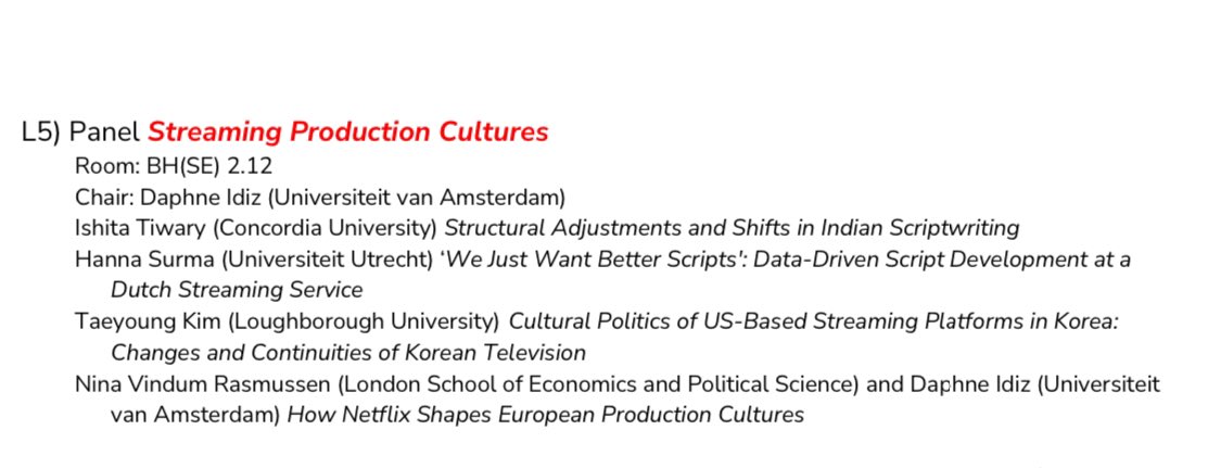 Join us at this morning at #MI2024 to hear what it’s like to produce content for streamers! @NinaVindum &amp; I have organized a panel on *Streaming Production Cultures* featuring fantastic research from <a href="/analoguefutures/">Ishita Tiwary</a>, Hanna Surma, &amp; Taeyoung Kim. 🎥🎬🎞️