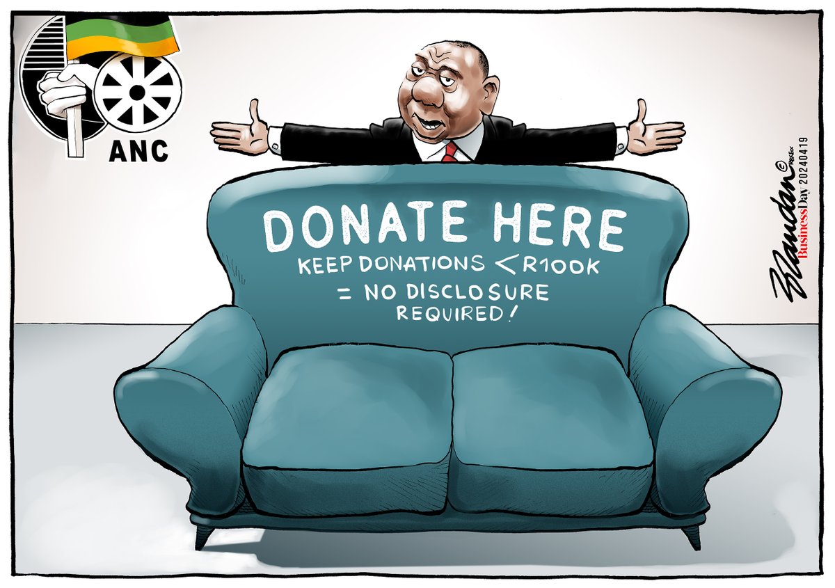 Desperate ANC President Cyril Ramaphosa appeals to donors to keep their donations to under R100 000 in order to avoid the requirement for disclosure... Business Day, Friday 19 April 2024 brandanreynolds.com/2024/04/19/bus…