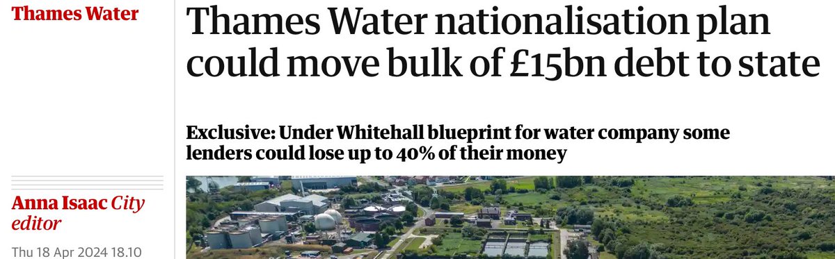 Your shit, your bill - govt plan to make taxpayers pay for most of Thames Water’s £15bn debt created by its previous owners who ‘hollowed it out over decades’ bit.ly/3VZUrW1