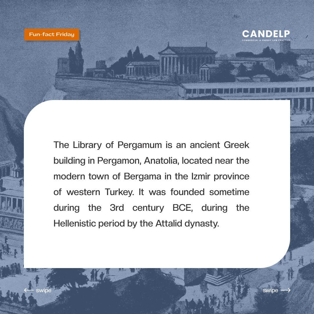 CandelpLaw's tweet image. FUN FACT FRIDAY
Ancient Libraries Around the World: The Library of Pergamum
 
The Library of Pergamum is an ancient Greek building in Pergamon, Anatolia, located near the modern town of Bergama in the Izmir province of western Turkey. 

#AncientLibraries #Funfact #Funfactfriday