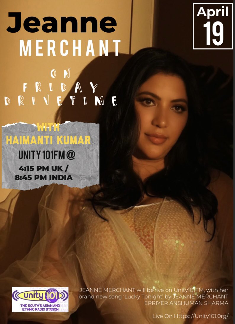 haimantikumar1's tweet photo. Today on Unity101 FM, we’ll be talking to the incredibly talented singer/songwriter Jeanne Merchant. She’s back with her brand new song 'Lucky Tonight' by JEANNE MERCHANT EPRIYER @anshumonsharma. 
Join us live at 4:15 pm BST and 8:45 pm IST. @salim_merchant https://t.co/VdLiFZ6O6u