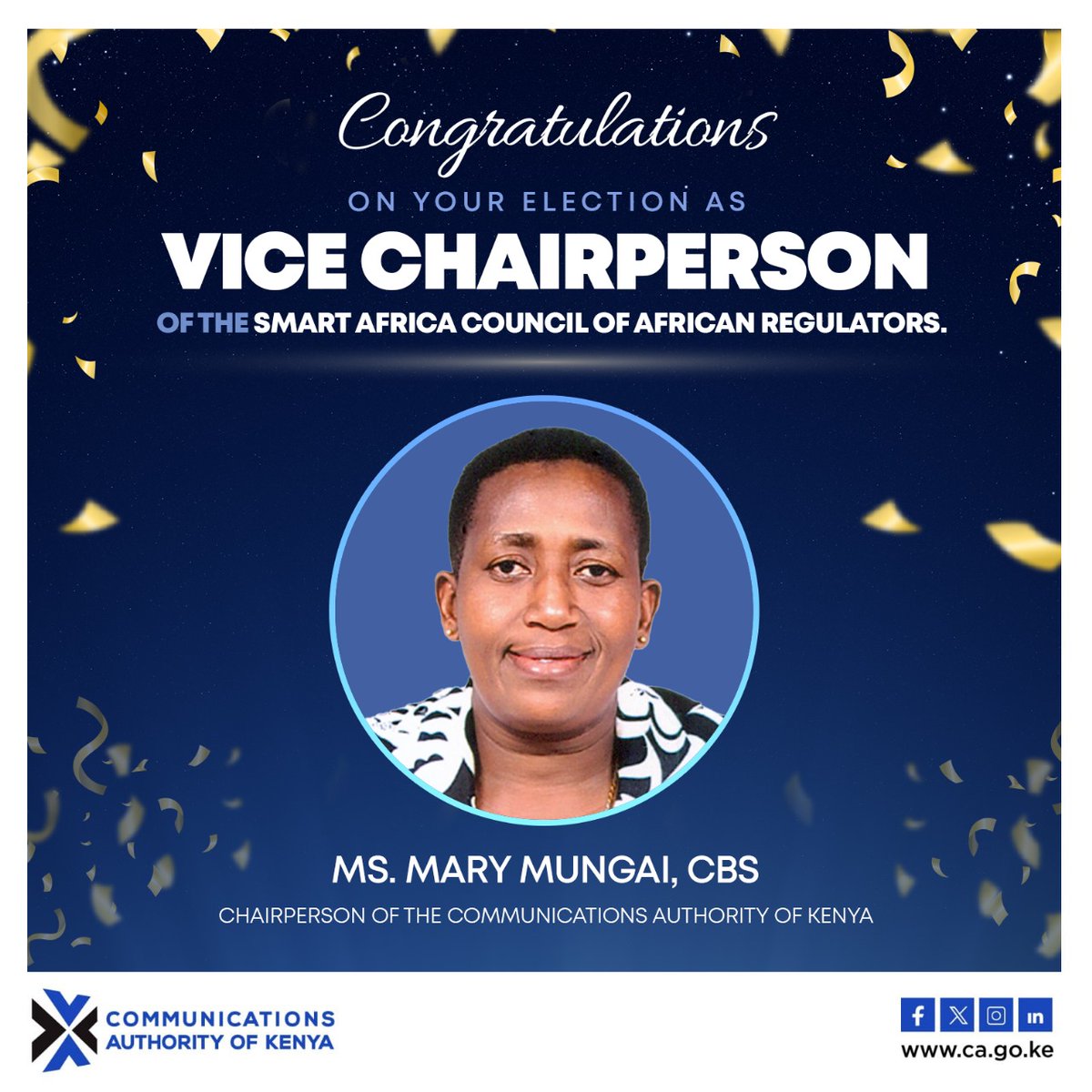 Warm congratulations to CA Board Chairperson @marywambui_m on election as Vice Chairperson of the Council of African Regulators (CAR) of @RealSmartAfrica. @MoICTKenya @EliudOwalo @ekisiangani @Mugonyid