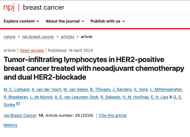 Just out on @Nature_NPJ by @marteliefaard & team ✅High levels of tumor-infiltrating lymphocytes (TILs) in HER2-positive🧬 #BreastCancer patients undergoing neoadjuvant therapy with trastuzumab and pertuzumab are associated with excellent invasive-disease free survival (IDFS)…