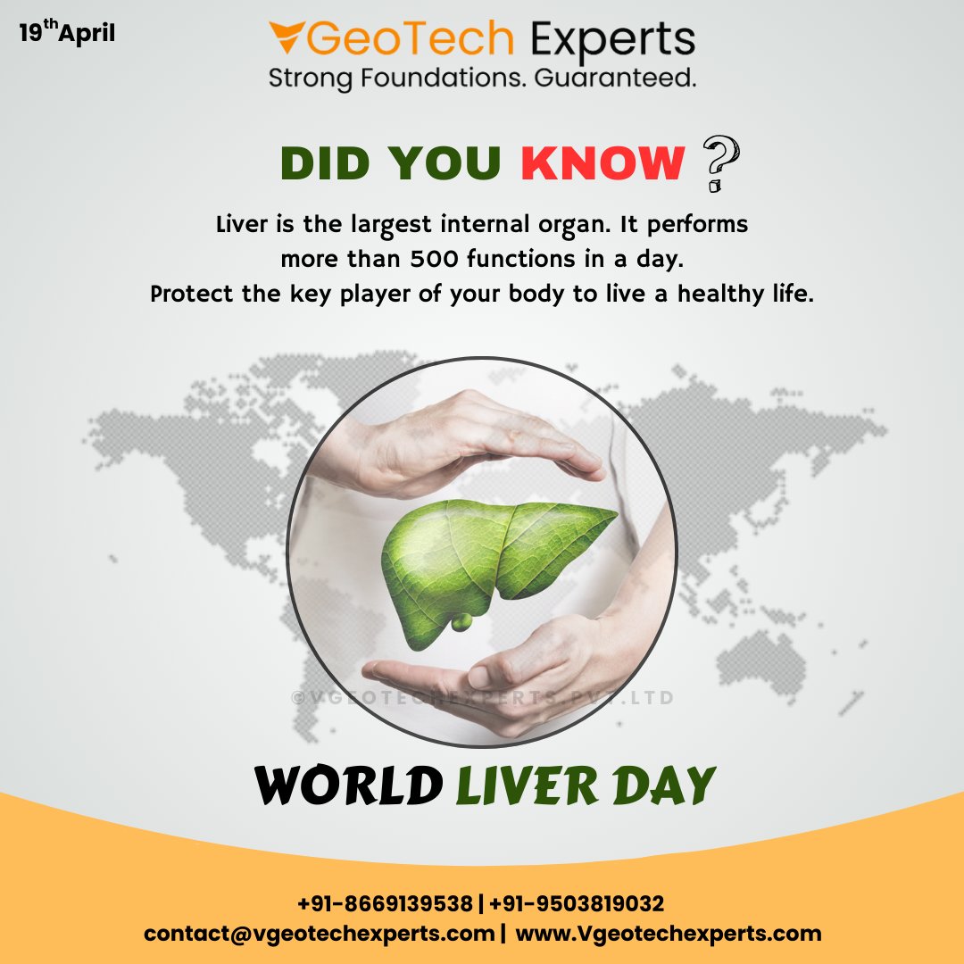VGeotechExperts's tweet photo. Liver is the largest internal organ. It performs
more than 500 functions in a day.
Protect the key player of your body to live a healthy life.

"Happy World Liver Day" from Team VGeotech Experts Pvt Ltd! 

#WorldLiverDay #liverhealth #HealthyLife #liverhealth   #loveyourliver https://t.co/EXkFgI4q6h