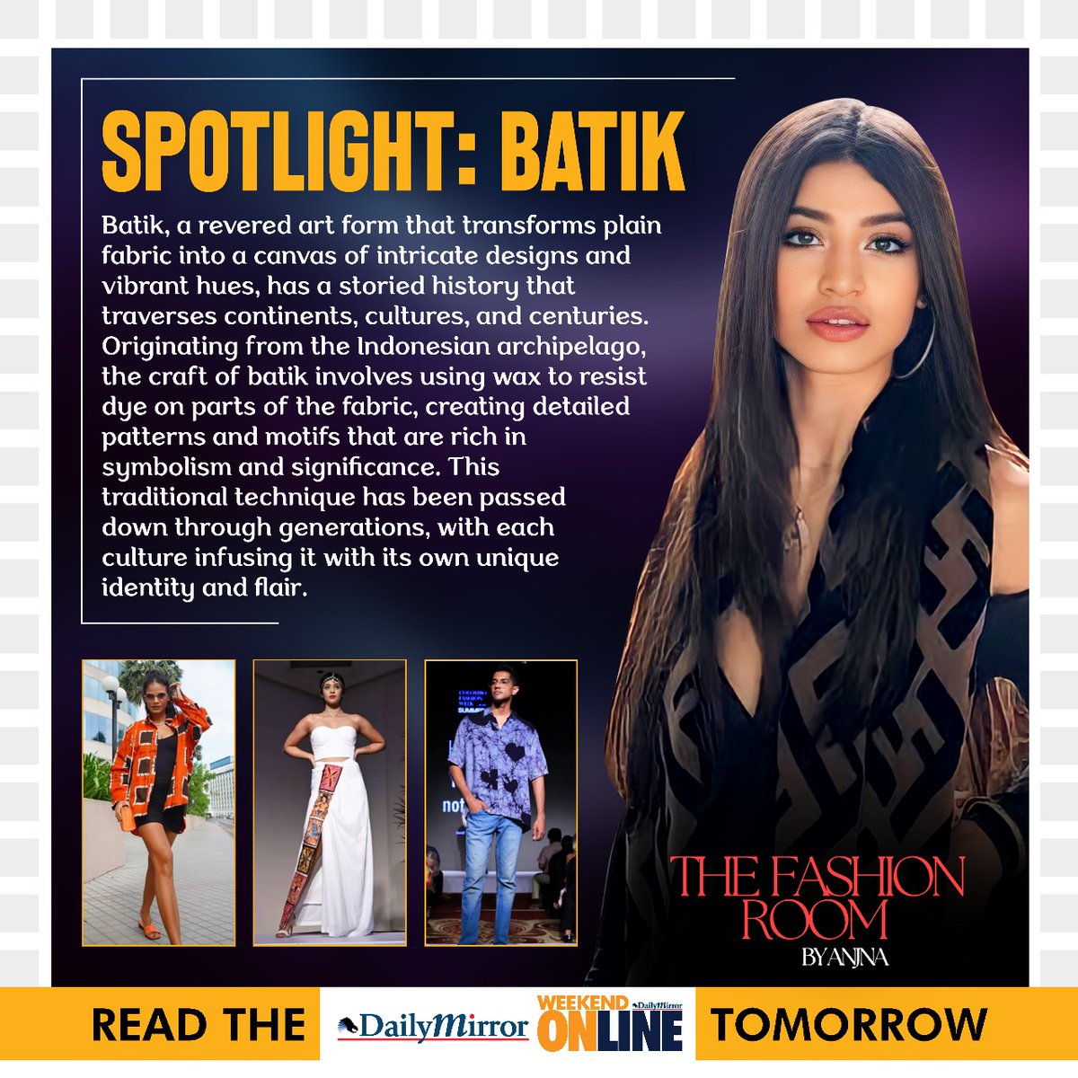 Dailymirror_SL's tweet photo. Fashion Room by Anjna Kaur
Spotlight: Batik

Read the Full Article Tomorrow - The Weekend Online, Daily Mirror.

#FashionRoom #AnjnaKaur #DailyMirrorOnline #DailyMirror #WeekendOnline #BatikStyle #TextileArt #FashionSpotlight #ArtisticFashion #Colombo #SriLanka https://t.co/NA3vVSmmEa