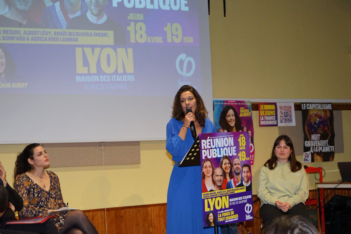 Plus de 200 personnes présentes à #Lyon hier soir pour porter notre programme de rupture aux élections #Europeennes2024 🔥 Le #9juin, ne laissez pas les autres choisir à votre place, votez pour la liste menée par Manon Aubry !