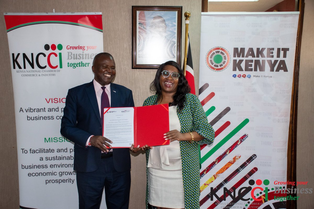 PatrickNyangwe5's tweet photo. I led  @kenya_chamber to Kenya Export Promotion and Branding Agency Head Office to sign a Letter of Intent for collaboration with @MakeItKenya
I thank KEPROBA under CEO Ms. Floice Mukabana for the warm welcome and readiness to partner with the Chamber to enhance the export market https://t.co/l4FMuIlk3C
