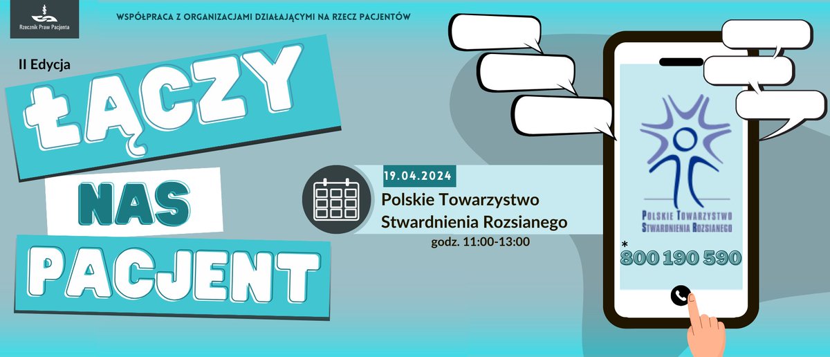 RzeczPacjenta's tweet photo. Przed nami kolejne dyżury ekspertów w ramach projektu "Łączy Nas Pacjent". Zachęcamy do kontaktu 📞 800 190 590 (poproś operatora o przekierowanie do organizacji).
19 kwietnia godz. 11:00-13:00 Polskie Towarzystwo Stwardnienia Rozsianego
➡️ Potrzebujesz informacji o stwardnieniu rozsianym(SM)? Jak żyć z tą chorobą?
➡️ Szukasz informacji dla siebie lub bliskiej osoby jak radzić sobie z objawiamy choroby.
➡️ Potrzebujesz wsparcia, pomocy lub informacji o świadczeniach.

#dyżuryorganizacjipozarzadowe #prawapacjenta #ŁączyNasPacjent #RzecznikPrawPacjenta