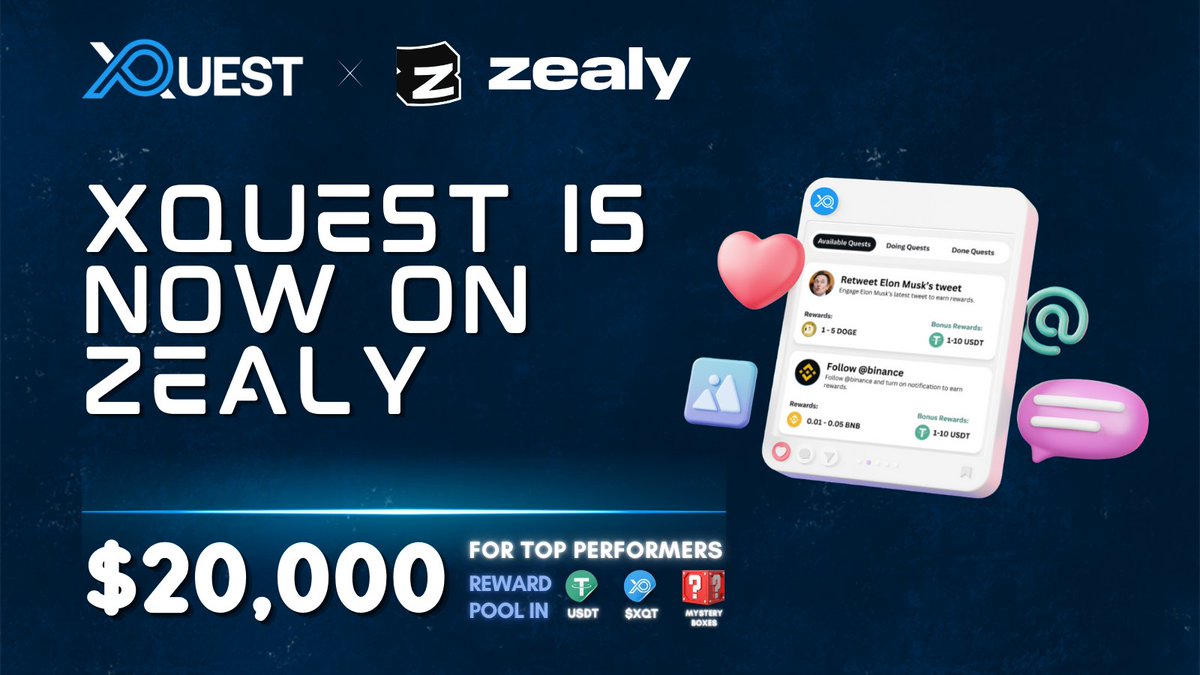 xquest_web3's tweet image. 🚀 Dive into the @xquest_web3  &amp;amp; @zealy_io  collaboration! 💫

🎉 Join the questing frenzy on Zealy with a massive $20,000 prize pool waiting to be claimed!

Prizes up for grabs:
💵 $888 #USDT
🪙 $8,888 in $XQT
🎁 $10,224 in Mystery Boxes

🔗 Start here: zealy.io/cw/xquest