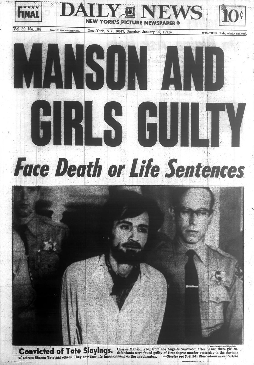 1971 Charles Manson & three accomplices sentenced to death for the Tate/LaBianca murders @LAPDHQ @AETV @NBCLA @latimes @oxygen @VFJPod @CNN @discoverLA @CurbedLA @LAhistory