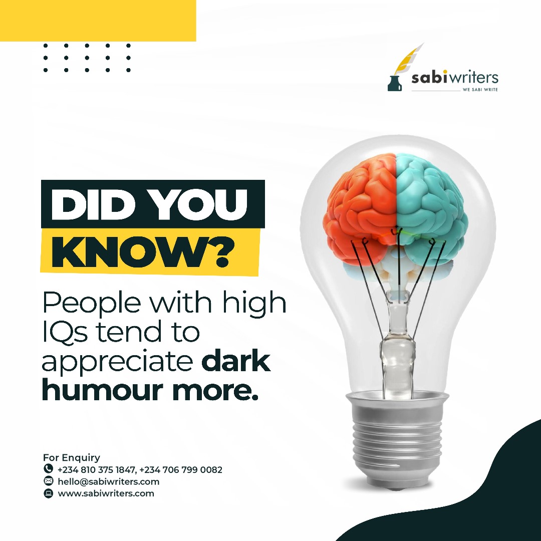 Are you a fan of dark humour?

Relax.

There’s nothing wrong with you. Psychologists have proven that the mind is only functioning at a higher level of cognitive processing.

#sabiwriters #wesabiwrite #contentcreationcompany #facts #cognitiveprocessing #scientificresearch