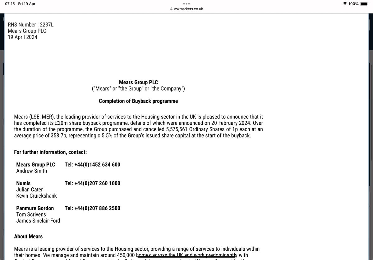 #MER On a typically quiet Friday Mears win the Award for the greatest number of RNS’s with 5 🏆 Share buyback completed Transaction in Own Shares New 5% shareholder Dimensional Fund (US) Deferral bonus share plan Grant of LTIP Perhaps I need to get out more 🙄