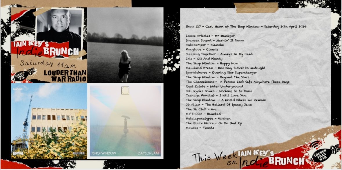 Tomorrow 11am on my Indie Brunch with special guest Carl Mann of @TheShopWindow1 on <a href="/louderthanwar/">Louder Than War</a> 

Stream via s2.radio.co/sab795a38d/lis… or Android/iOS 

Playlist <a href="/_LooseArticles/">Loose Articles</a> <a href="/SoundSwansea/">Swansea Sound</a> <a href="/AutocamperBand/">Autocamper</a> <a href="/foxgloveband_/">FOXGLOVE</a> <a href="/SleepinTogether/">Sleeping Together</a> #iris #mainlandbreak <a href="/TheStaticKing/">Sparklehorse</a>